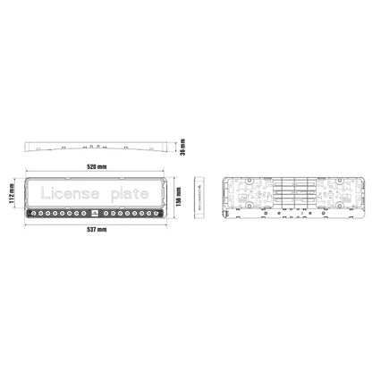 Technical drawing of the Optibeam E-Bar EU TWIN LED light bar showing front, side, and rear views